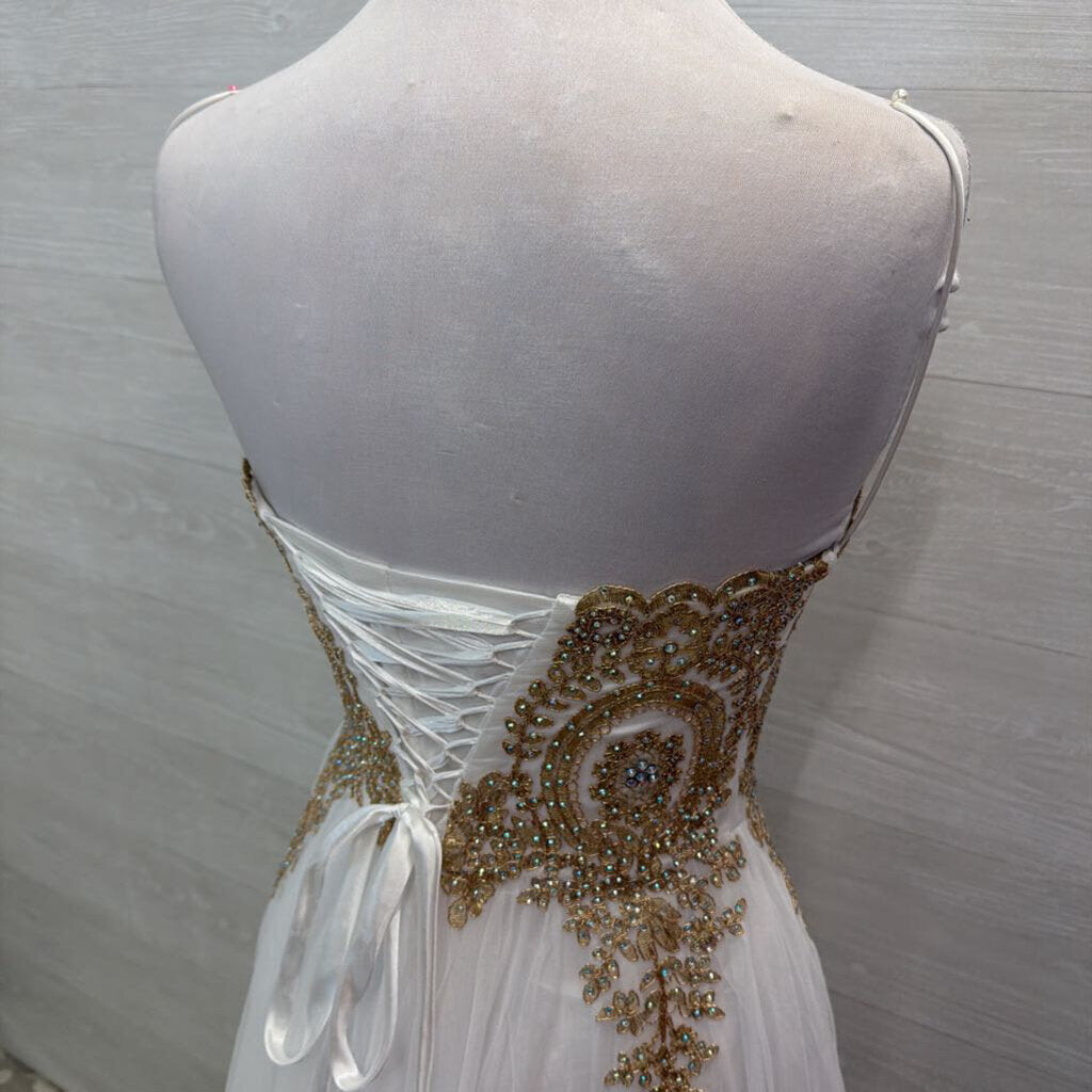 Say Yes White/ Gold Lace Top Tulle Skirt Long Formal Dress 7/8