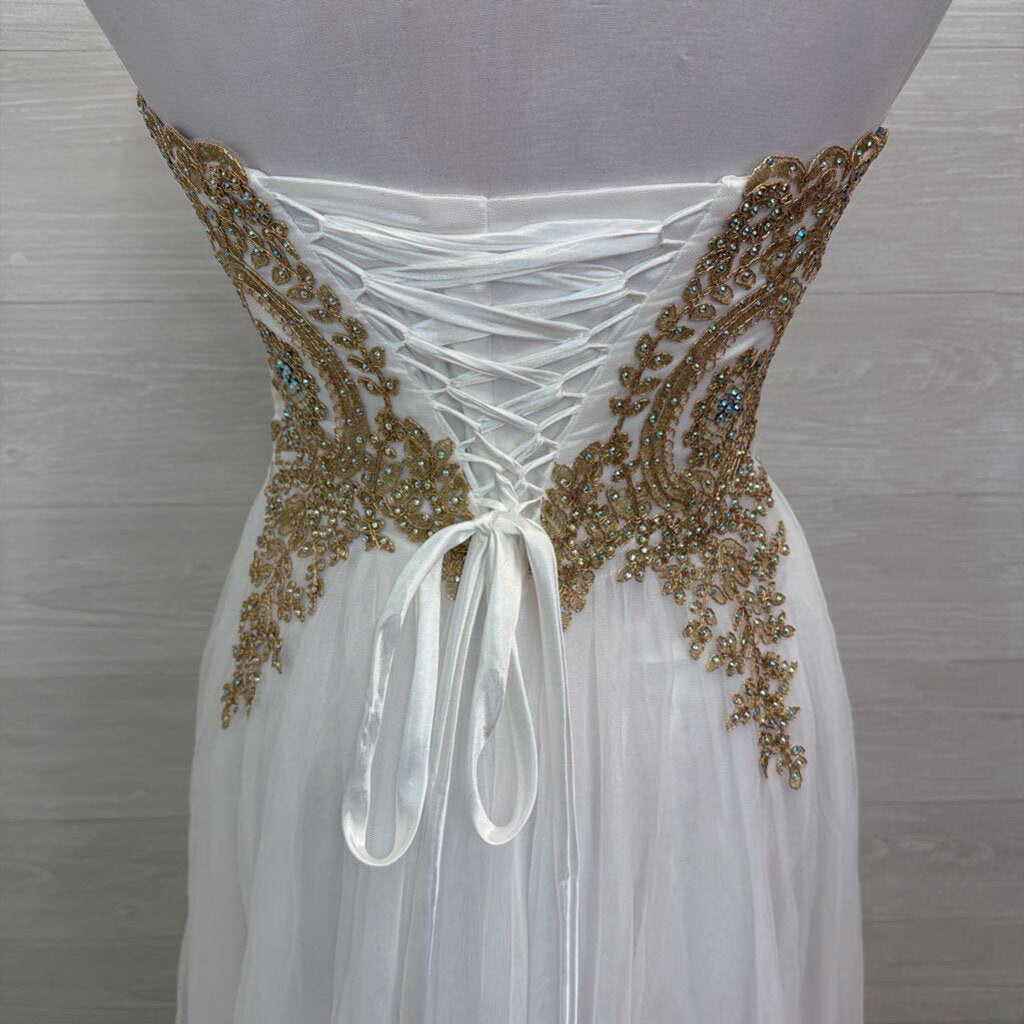 Say Yes White/ Gold Lace Top Tulle Skirt Long Formal Dress 7/8