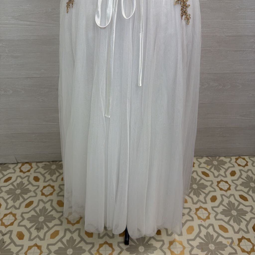 Say Yes White/ Gold Lace Top Tulle Skirt Long Formal Dress 7/8