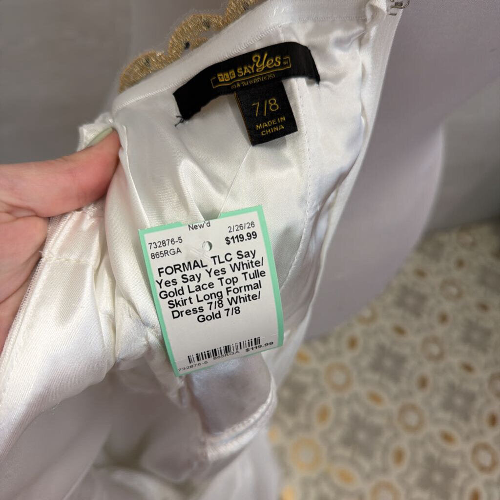 Say Yes White/ Gold Lace Top Tulle Skirt Long Formal Dress 7/8