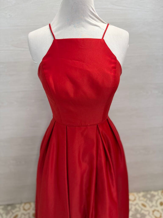 Betsy and Adam Red High Neck Satin A Line Long Formal Dress 8