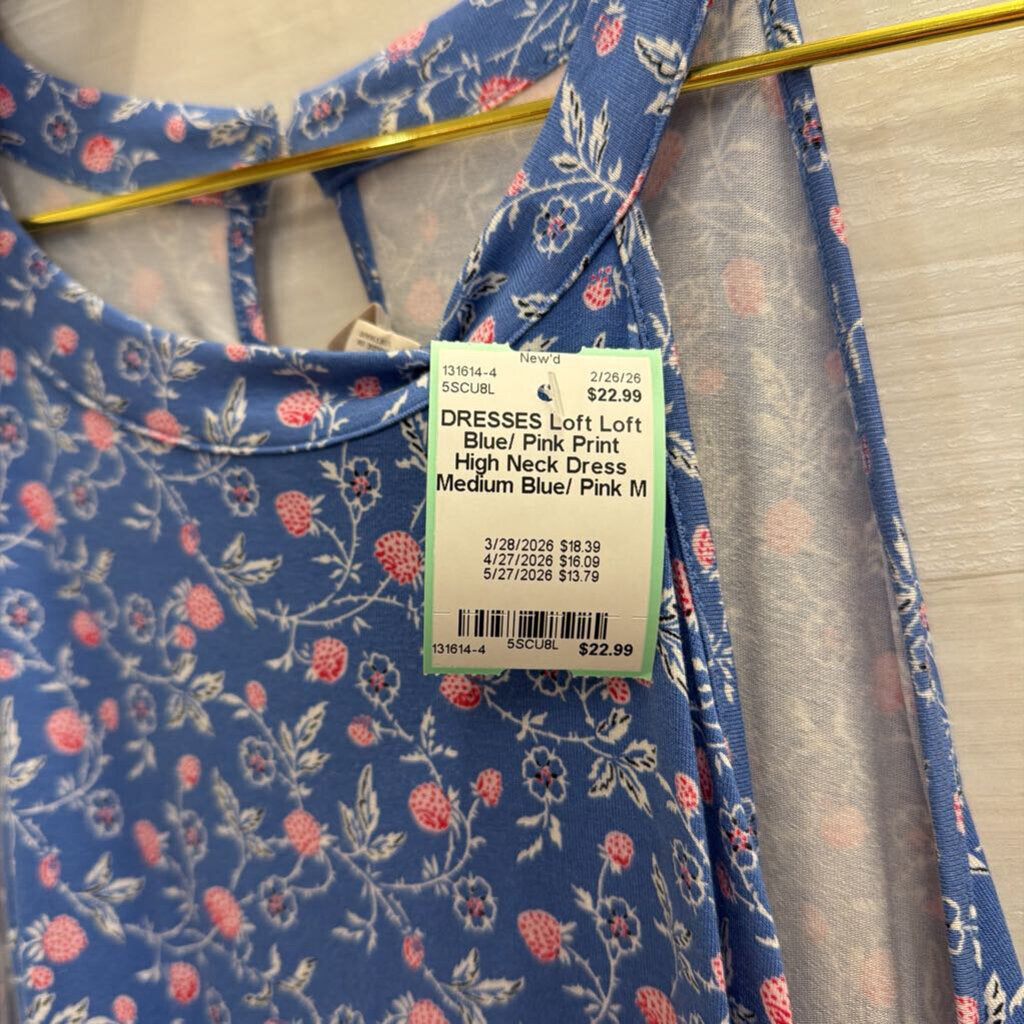Loft Blue/ Pink Print High Neck Dress Medium
