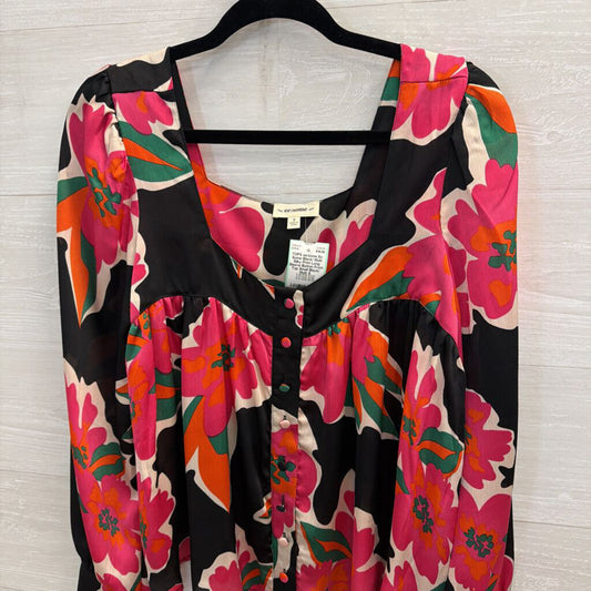 Ee Some Black/ Multi Silky Print Long Sleeve Button Front Top Small