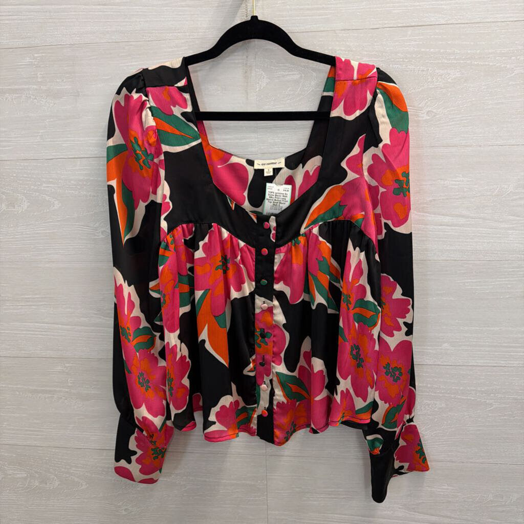 Ee Some Black/ Multi Silky Print Long Sleeve Button Front Top Small