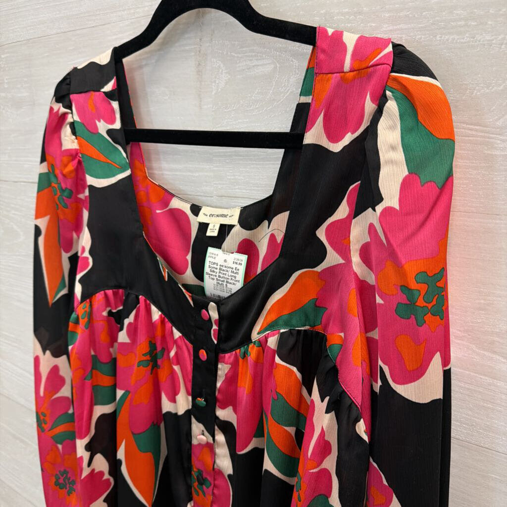 Ee Some Black/ Multi Silky Print Long Sleeve Button Front Top Small