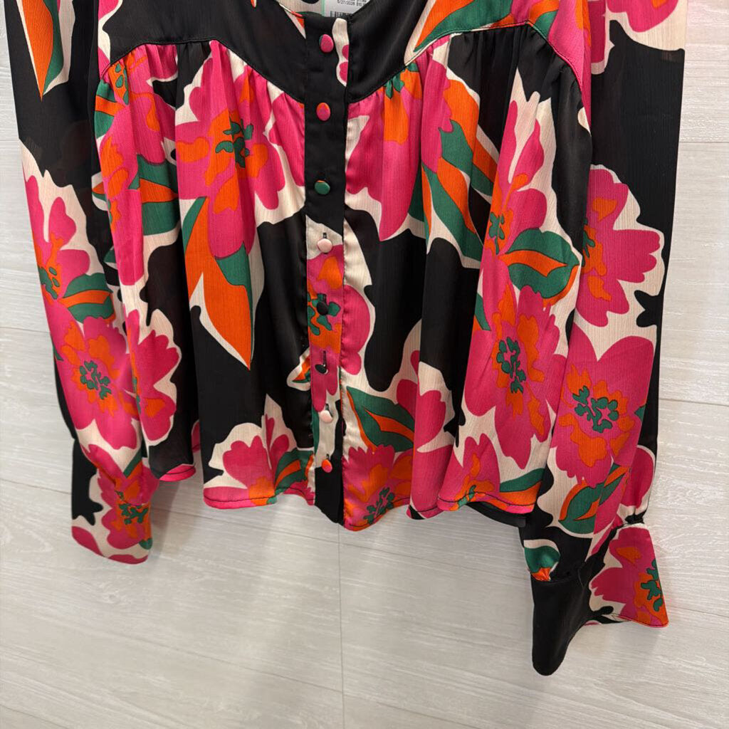 Ee Some Black/ Multi Silky Print Long Sleeve Button Front Top Small