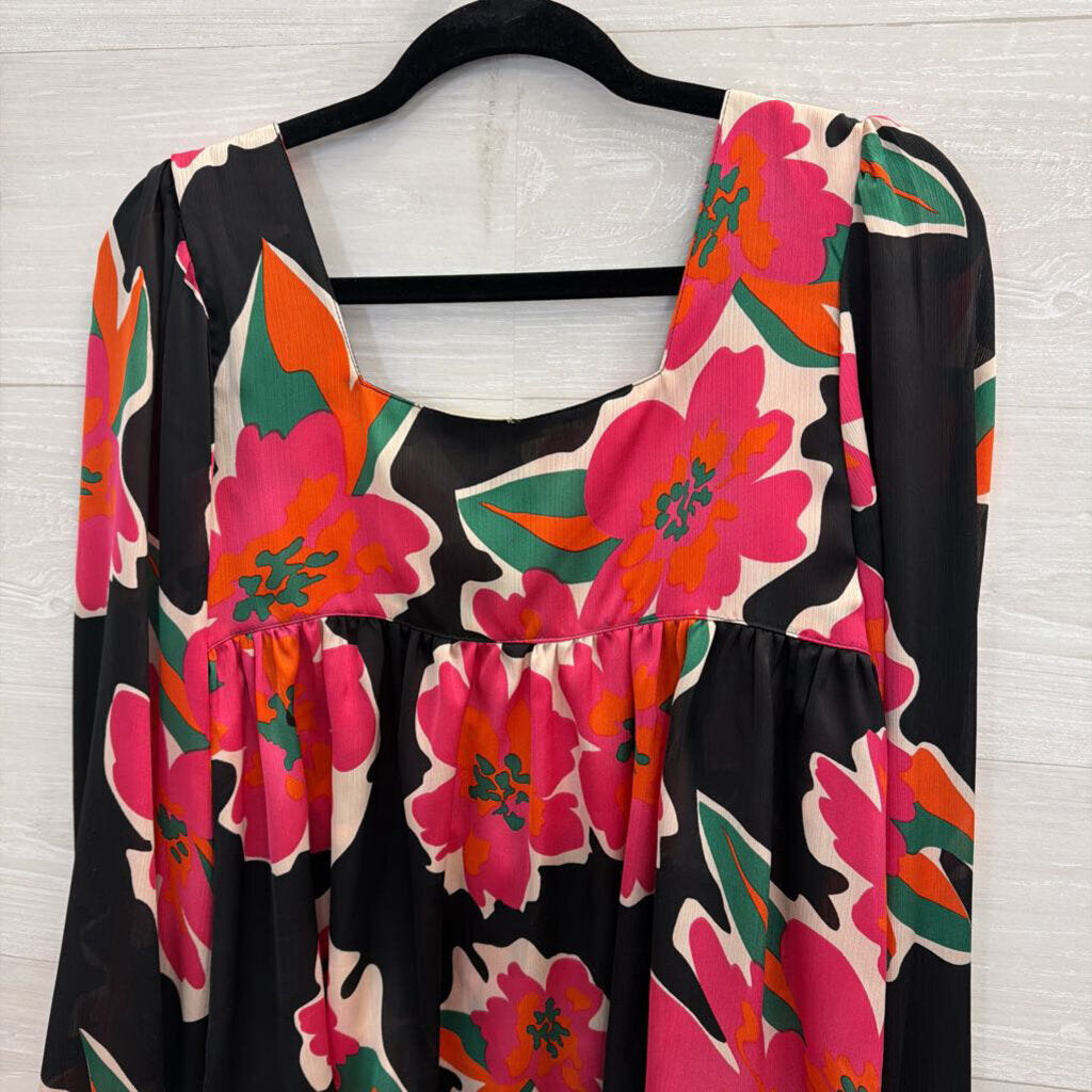 Ee Some Black/ Multi Silky Print Long Sleeve Button Front Top Small