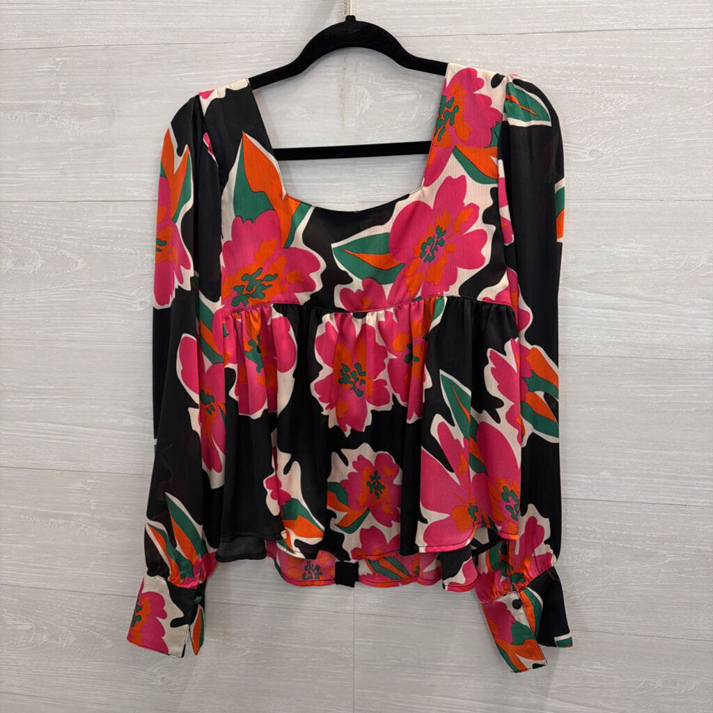 Ee Some Black/ Multi Silky Print Long Sleeve Button Front Top Small