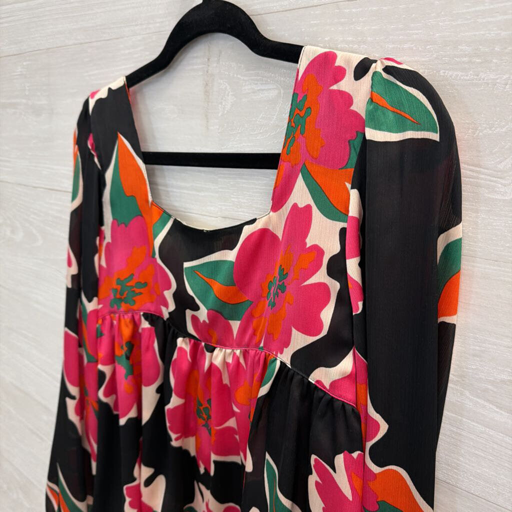 Ee Some Black/ Multi Silky Print Long Sleeve Button Front Top Small