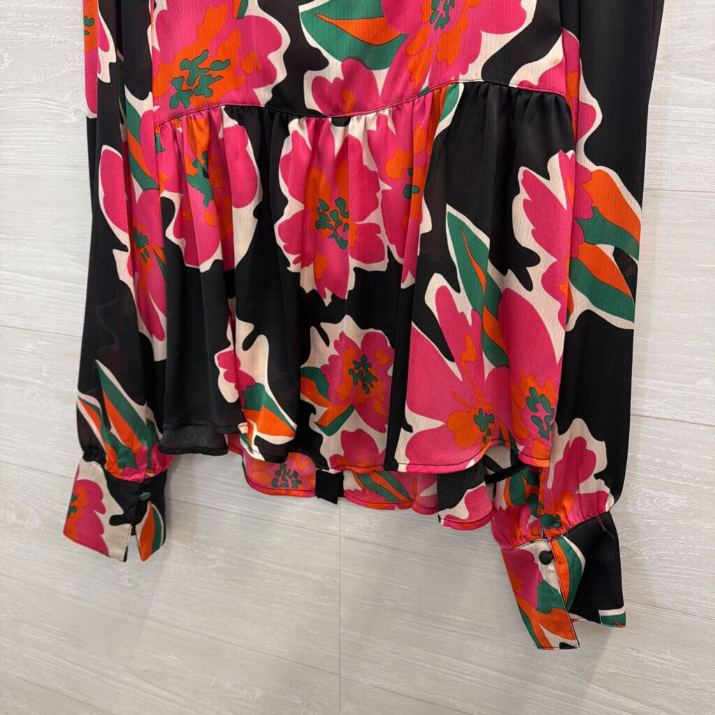 Ee Some Black/ Multi Silky Print Long Sleeve Button Front Top Small