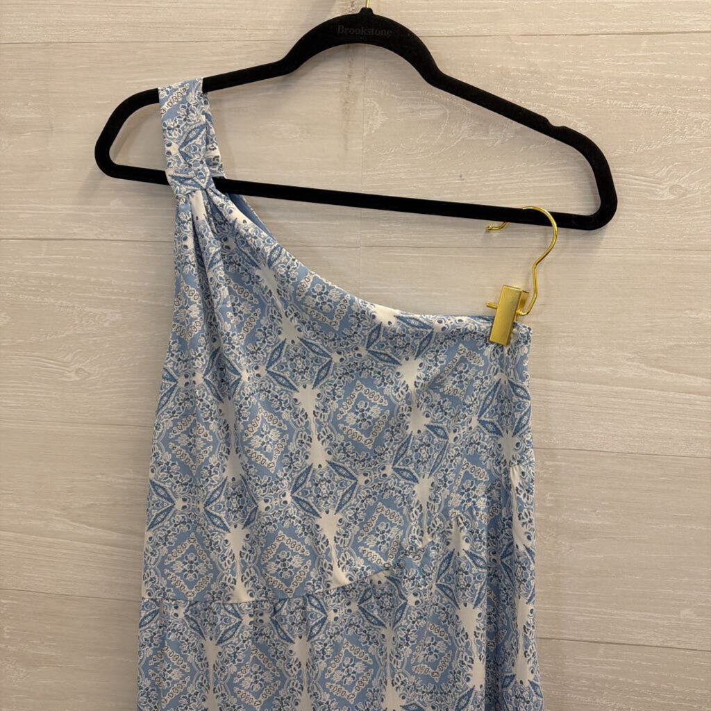 Entro Blue/ White Print One Shoulder Midi Dress Medium