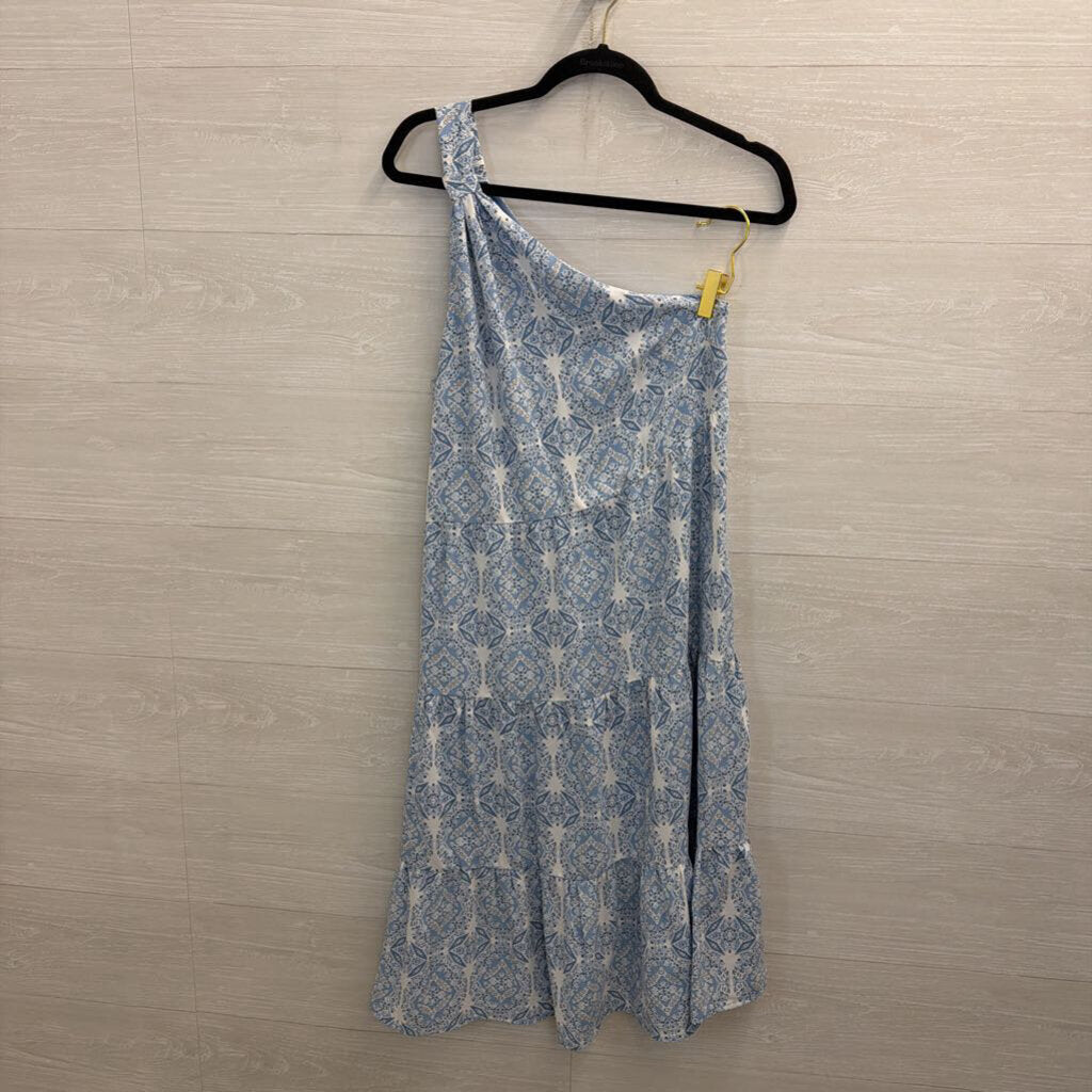 Entro Blue/ White Print One Shoulder Midi Dress Medium