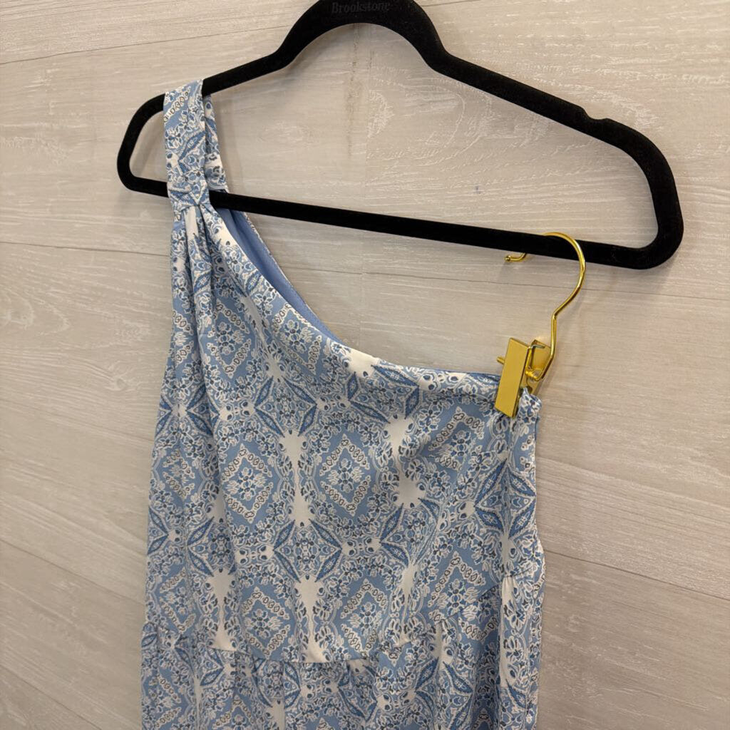 Entro Blue/ White Print One Shoulder Midi Dress Medium
