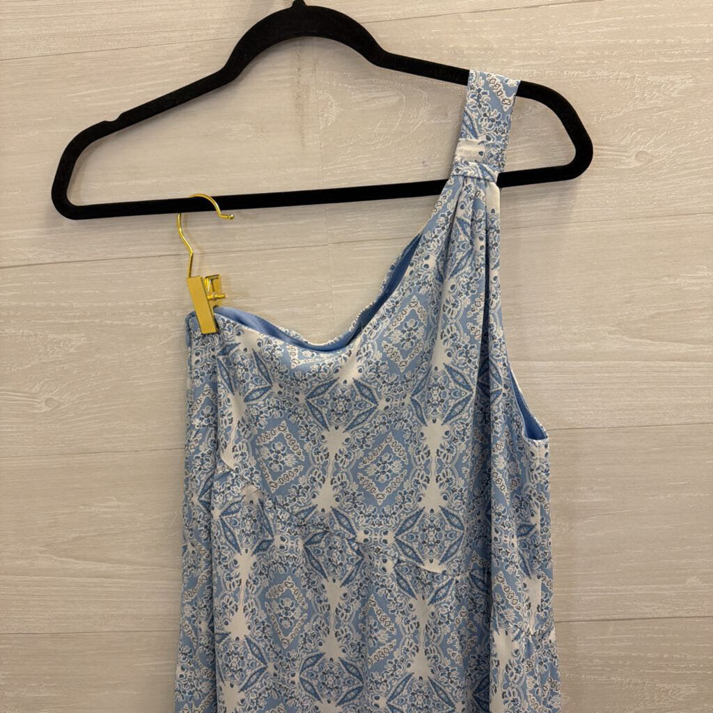 Entro Blue/ White Print One Shoulder Midi Dress Medium