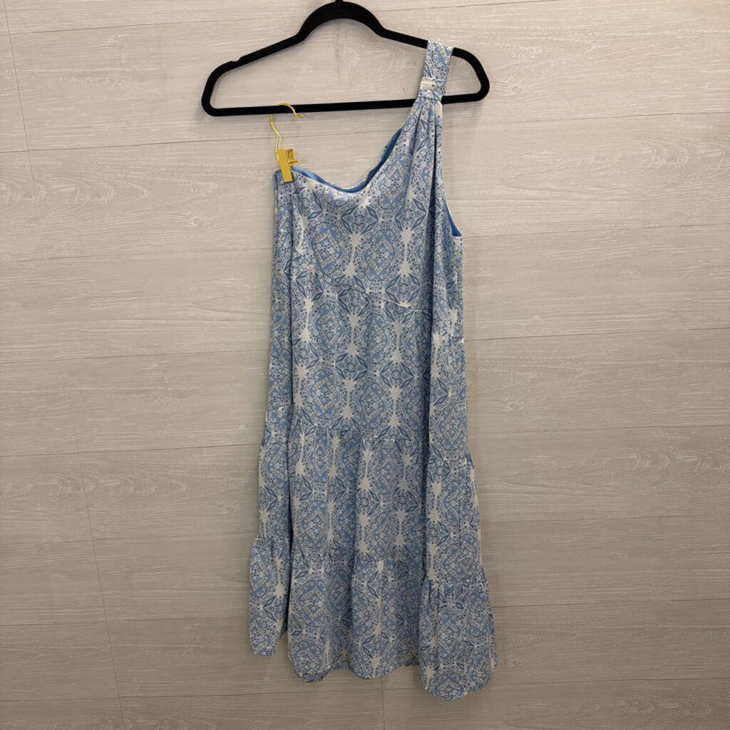 Entro Blue/ White Print One Shoulder Midi Dress Medium