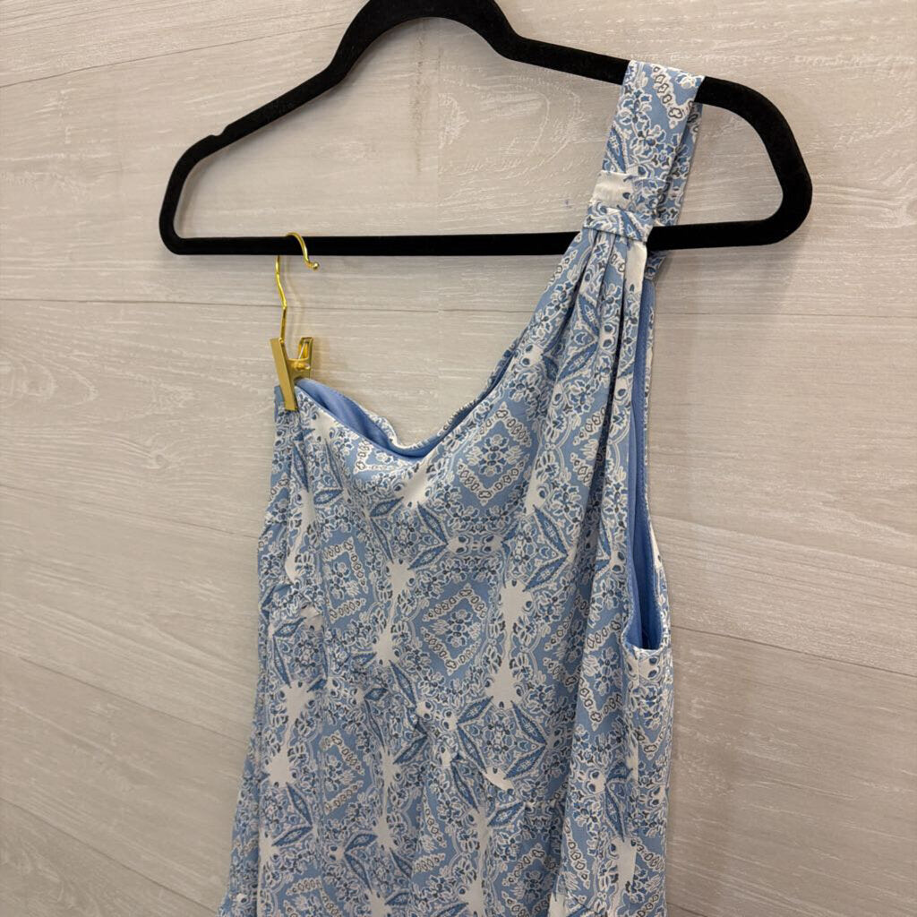 Entro Blue/ White Print One Shoulder Midi Dress Medium