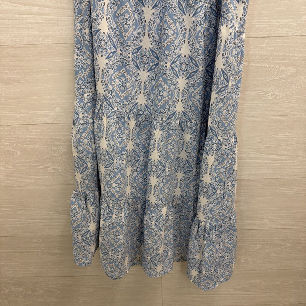 Entro Blue/ White Print One Shoulder Midi Dress Medium