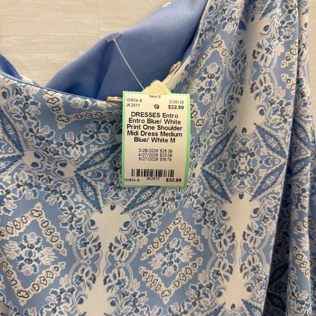 Entro Blue/ White Print One Shoulder Midi Dress Medium