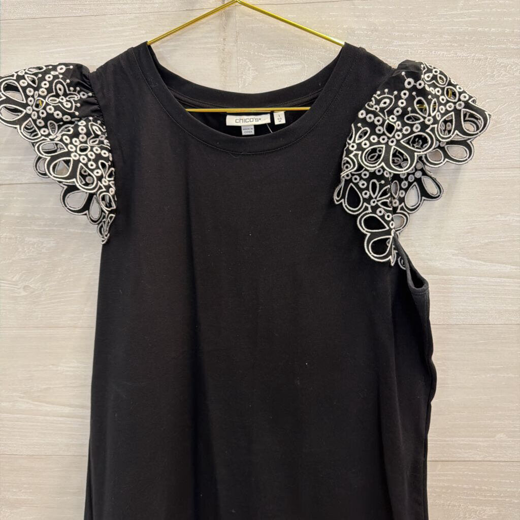 Chicos Black/ White Eyelet Short Sleeve Top Medium