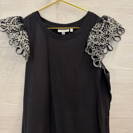 Chicos Black/ White Eyelet Short Sleeve Top Medium