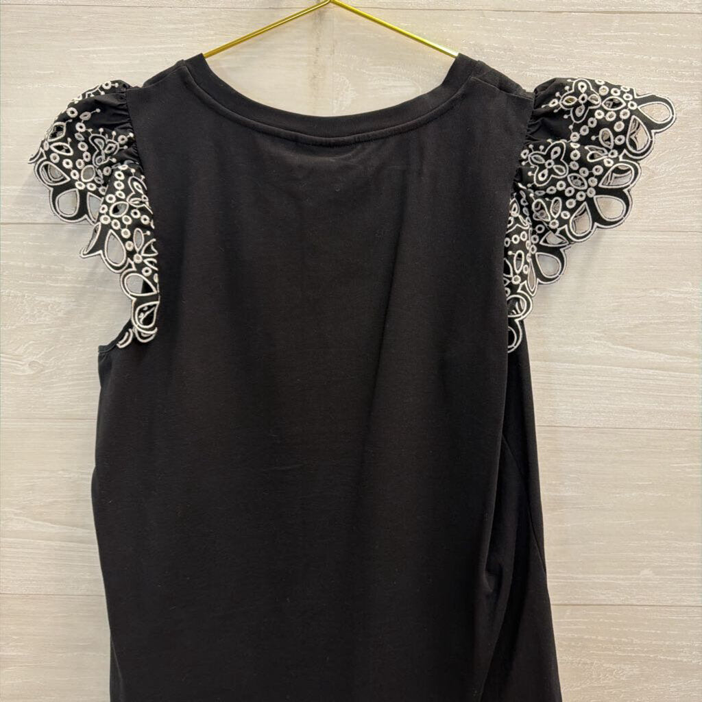 Chicos Black/ White Eyelet Short Sleeve Top Medium