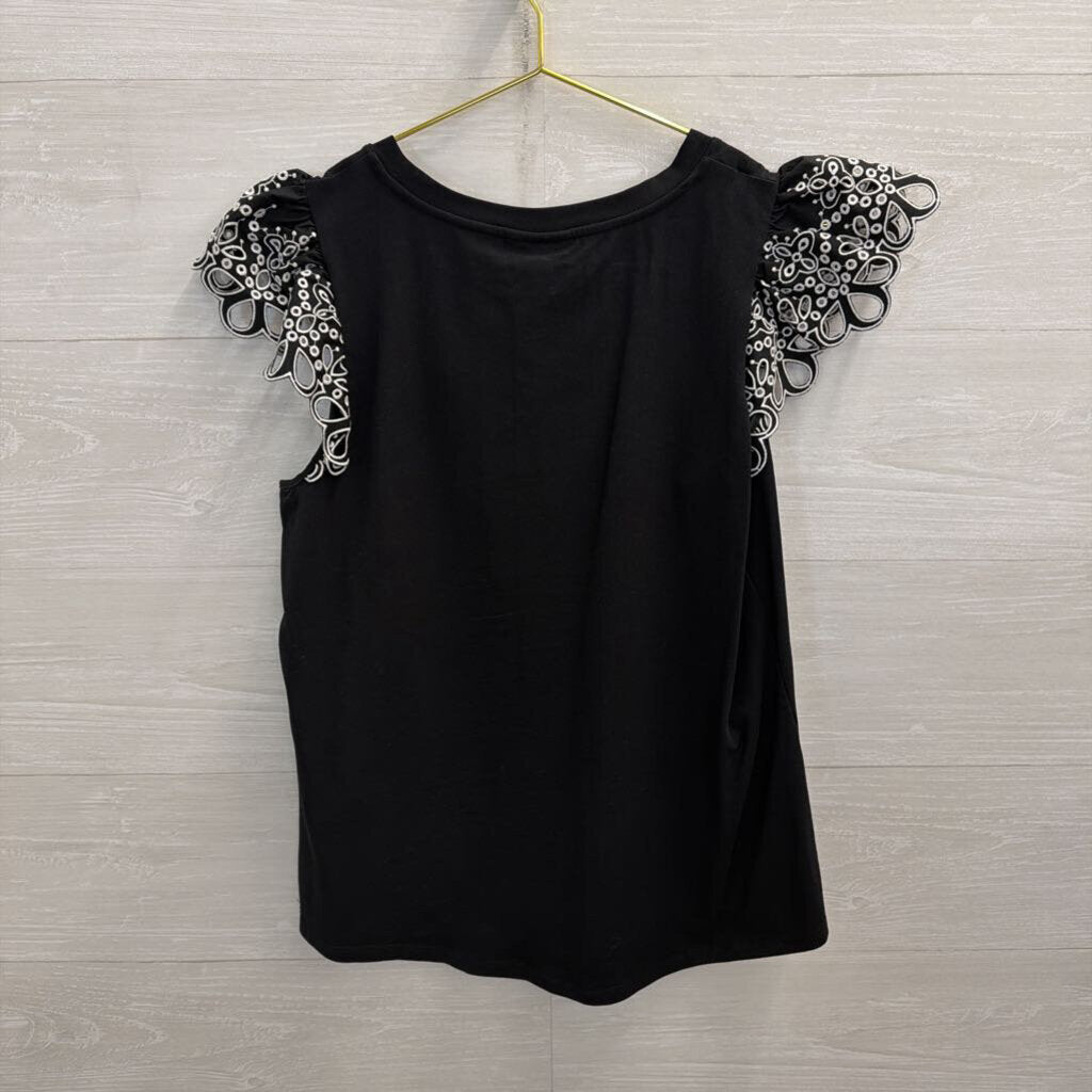 Chicos Black/ White Eyelet Short Sleeve Top Medium