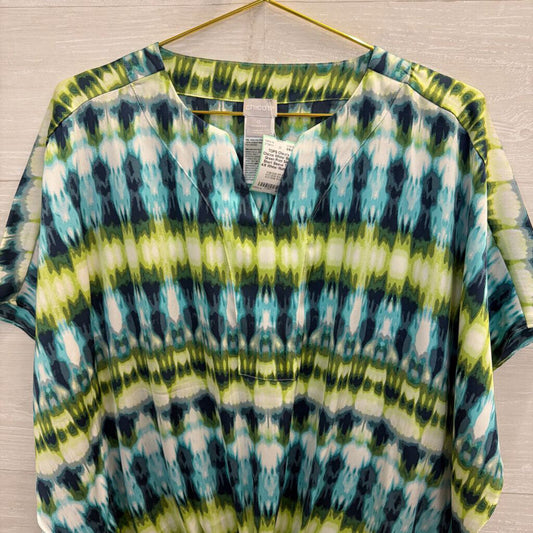 Chicos White/ Blue/ Green Print Silky Short Sleeve Top 4/6