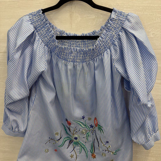 Cupio Blue/ White Striped Embroidered Floral Long Sleeve Off Shoulder Top Small