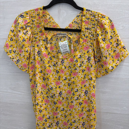 Pleione Yellow/ Multi Floral Print Short Sleeve Top Small