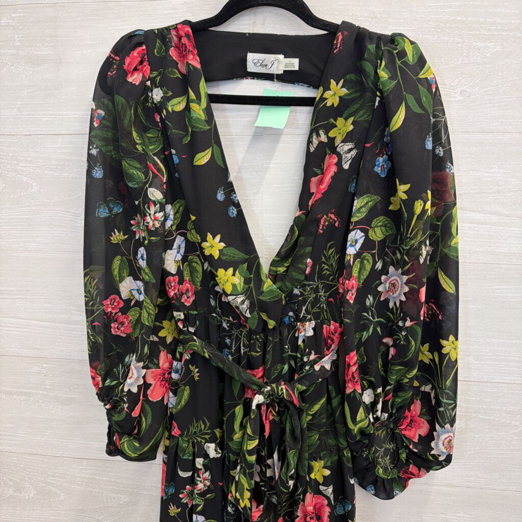 Eliza J Black/ Multi Floral Print Long Sleeve Tie Waist Maxi Dress 4