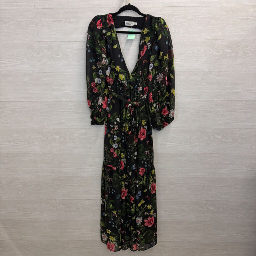 Eliza J Black/ Multi Floral Print Long Sleeve Tie Waist Maxi Dress 4