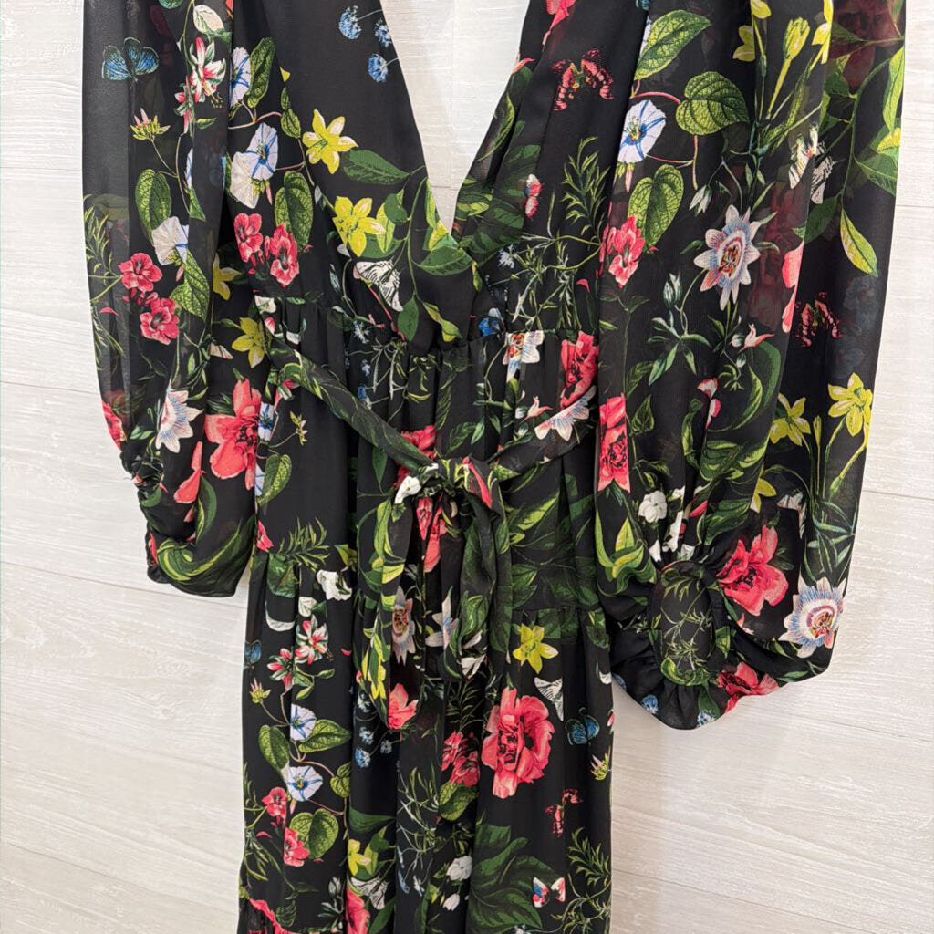 Eliza J Black/ Multi Floral Print Long Sleeve Tie Waist Maxi Dress 4