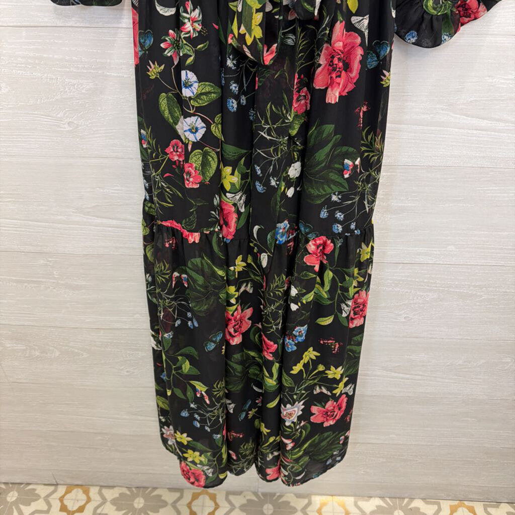 Eliza J Black/ Multi Floral Print Long Sleeve Tie Waist Maxi Dress 4