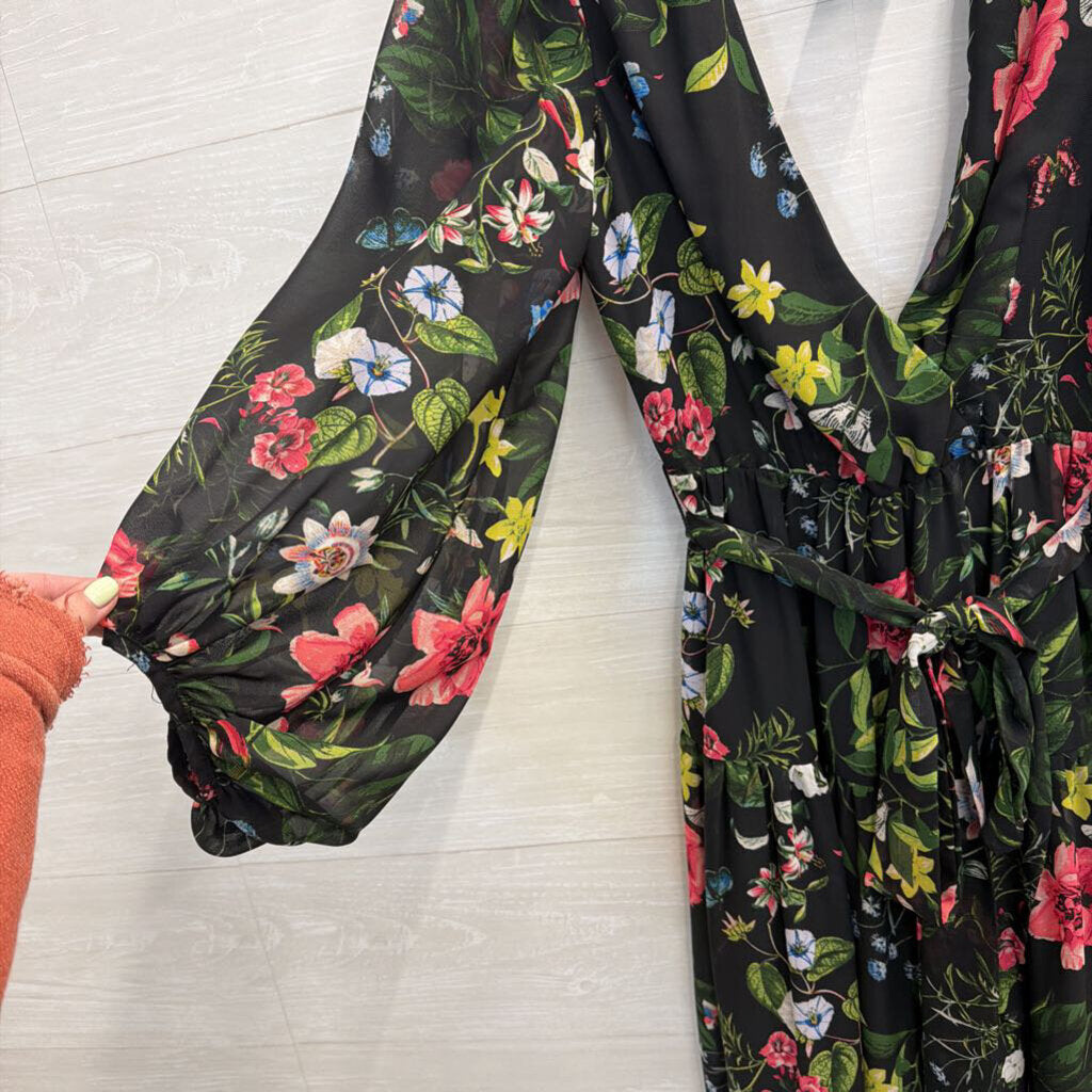 Eliza J Black/ Multi Floral Print Long Sleeve Tie Waist Maxi Dress 4