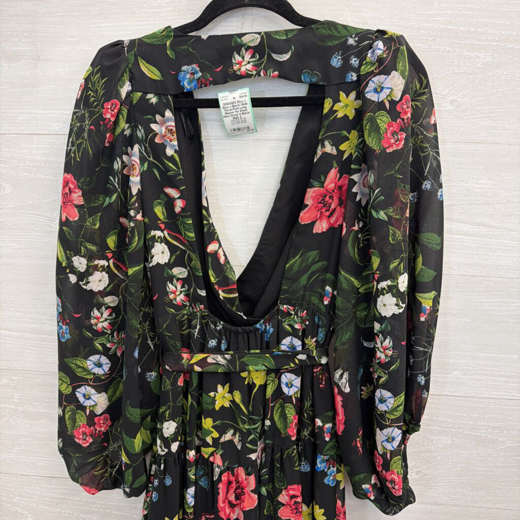 Eliza J Black/ Multi Floral Print Long Sleeve Tie Waist Maxi Dress 4