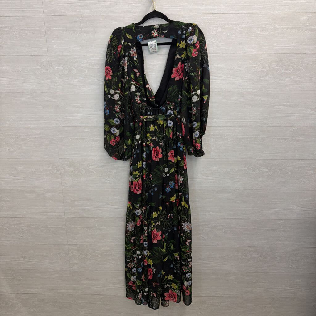 Eliza J Black/ Multi Floral Print Long Sleeve Tie Waist Maxi Dress 4