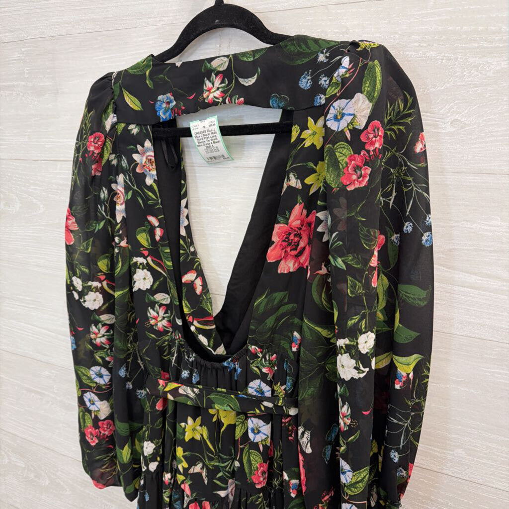 Eliza J Black/ Multi Floral Print Long Sleeve Tie Waist Maxi Dress 4