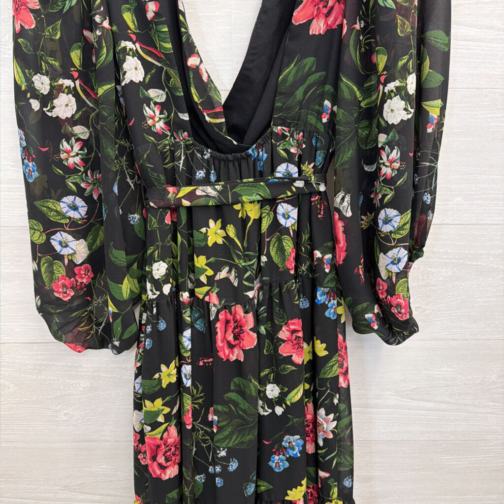 Eliza J Black/ Multi Floral Print Long Sleeve Tie Waist Maxi Dress 4