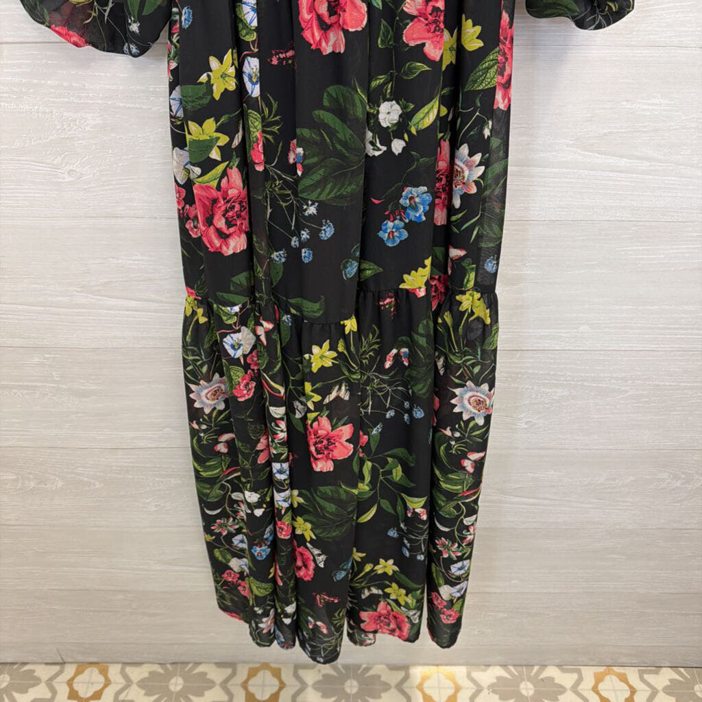 Eliza J Black/ Multi Floral Print Long Sleeve Tie Waist Maxi Dress 4