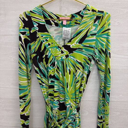 Lilly Pultizer Green/ Multi Print Ophelia Swing Long Sleeve Tie Waist Dress Small