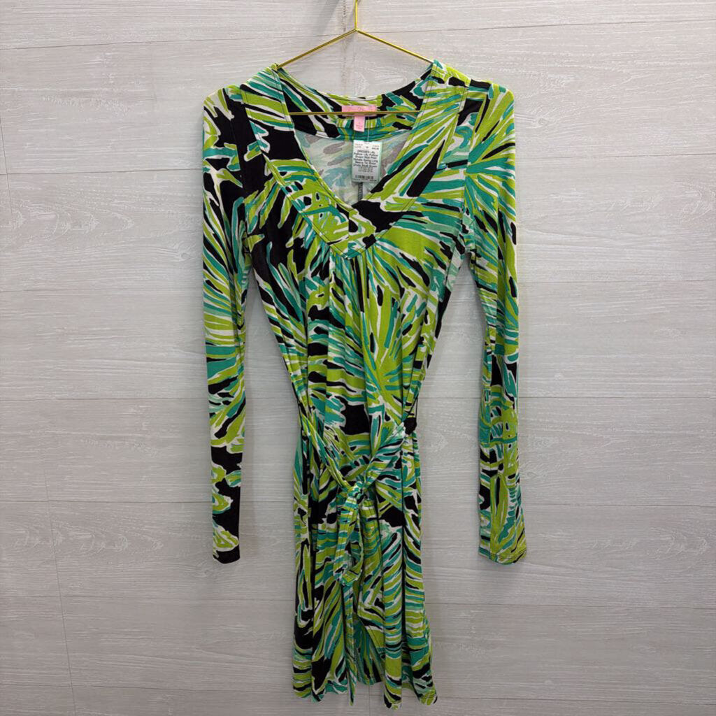 Lilly Pultizer Green/ Multi Print Ophelia Swing Long Sleeve Tie Waist Dress Small