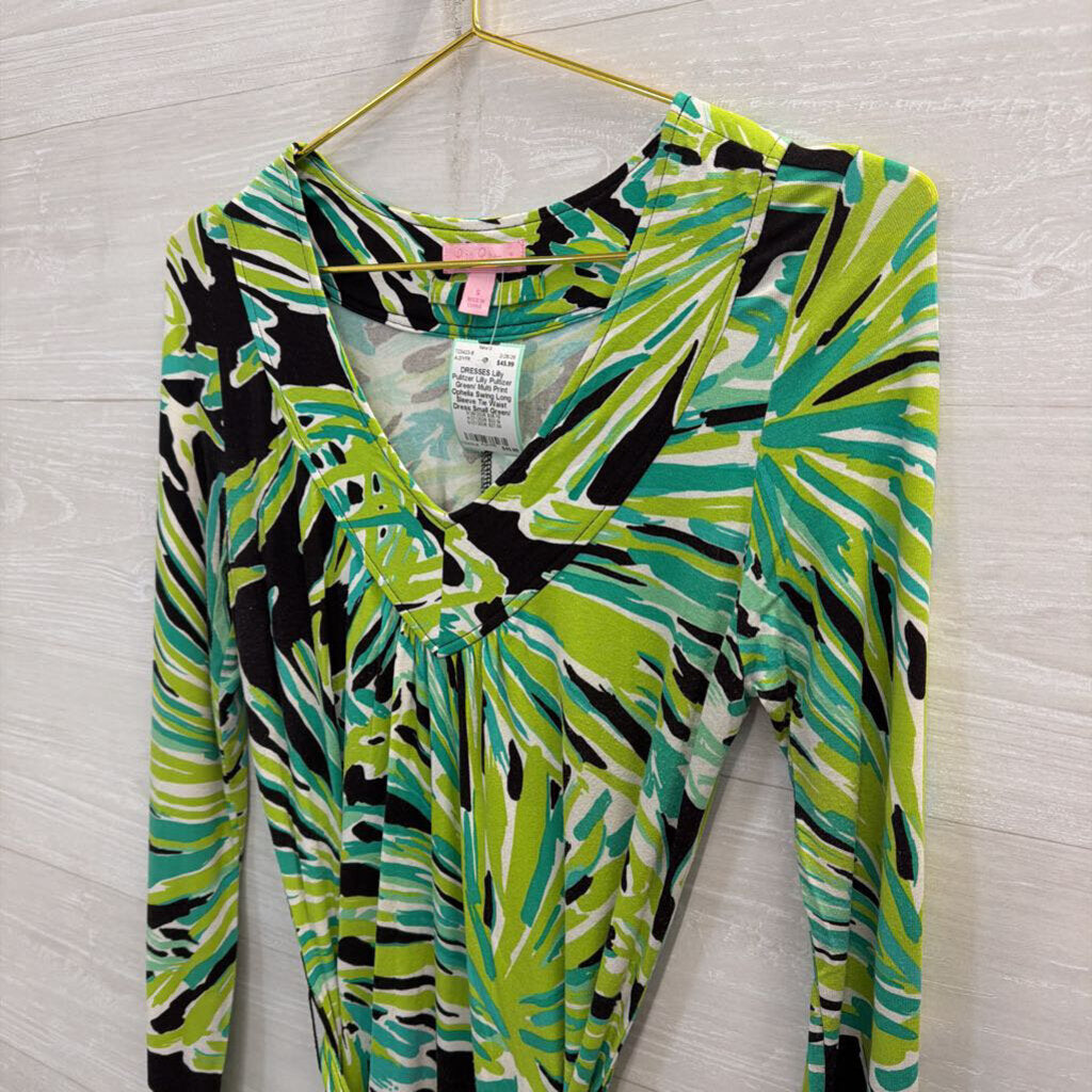 Lilly Pultizer Green/ Multi Print Ophelia Swing Long Sleeve Tie Waist Dress Small