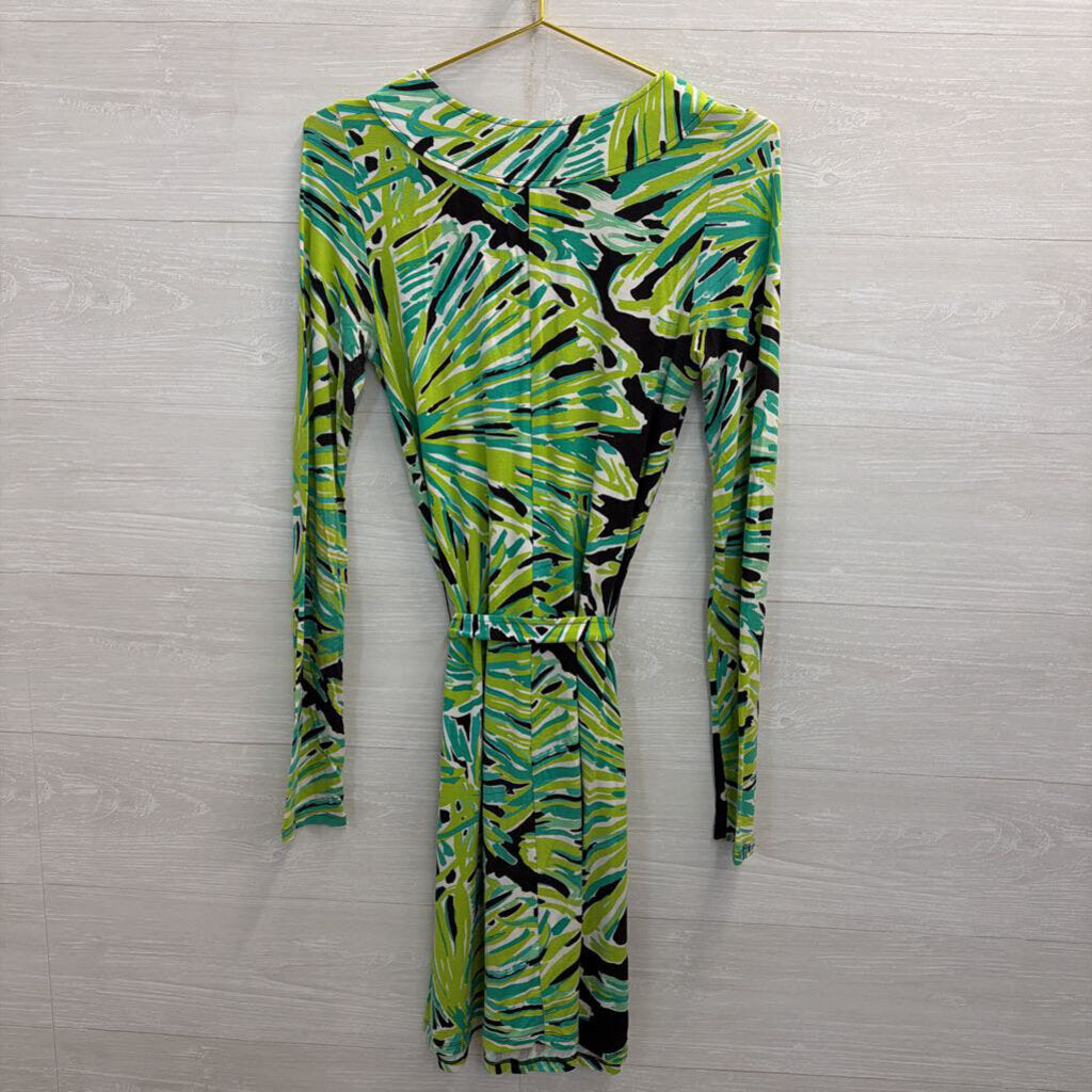 Lilly Pultizer Green/ Multi Print Ophelia Swing Long Sleeve Tie Waist Dress Small