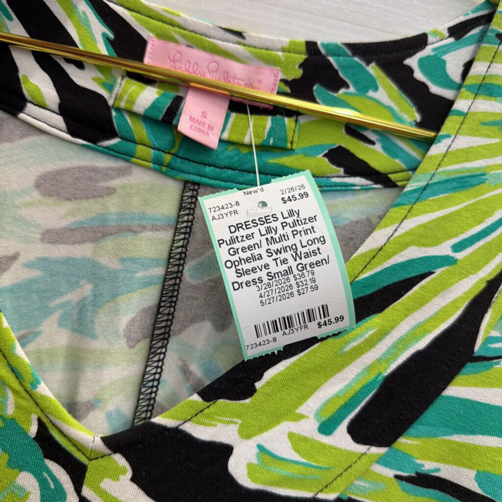 Lilly Pultizer Green/ Multi Print Ophelia Swing Long Sleeve Tie Waist Dress Small