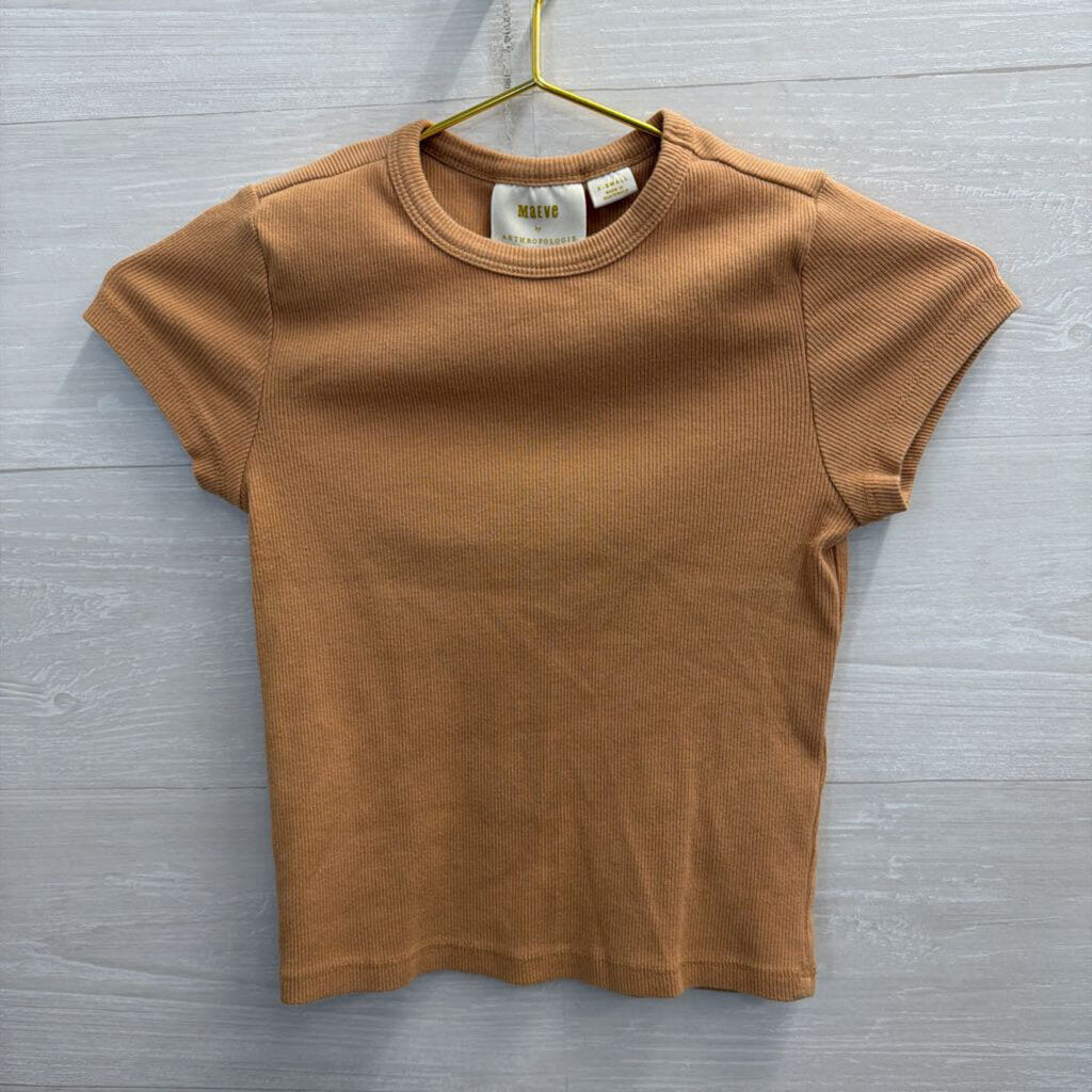 Maeve Brown Ribbed Cropped Short Sleeve Top Extra Small