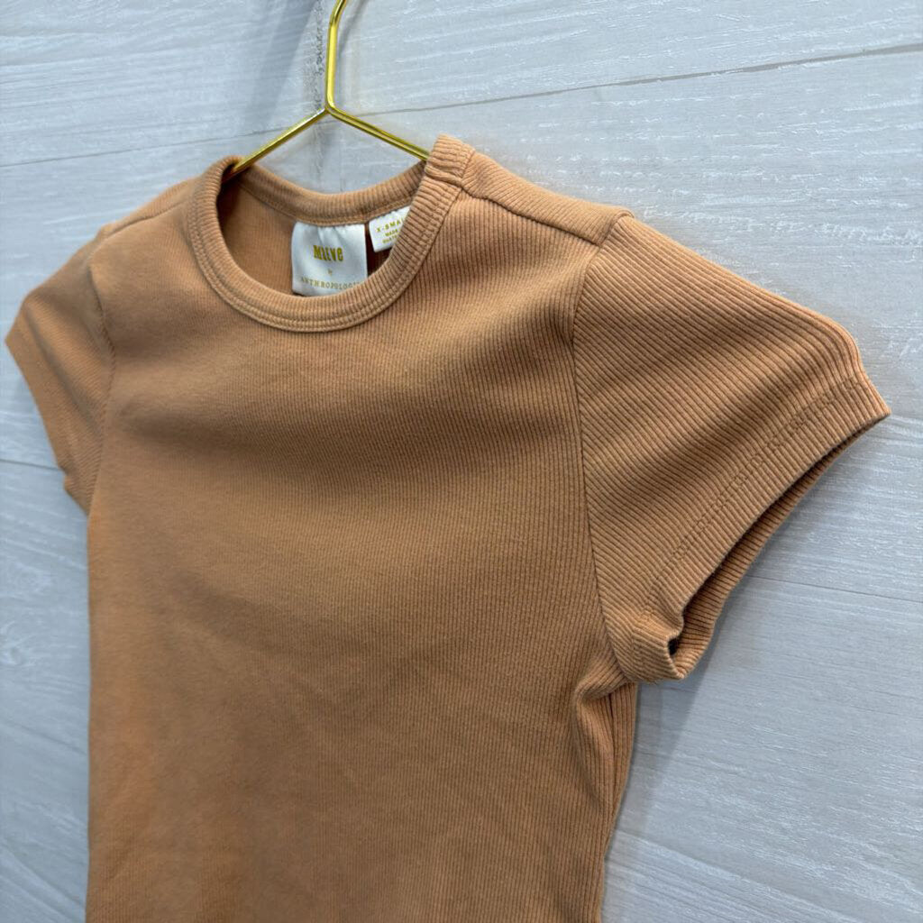 Maeve Brown Ribbed Cropped Short Sleeve Top Extra Small