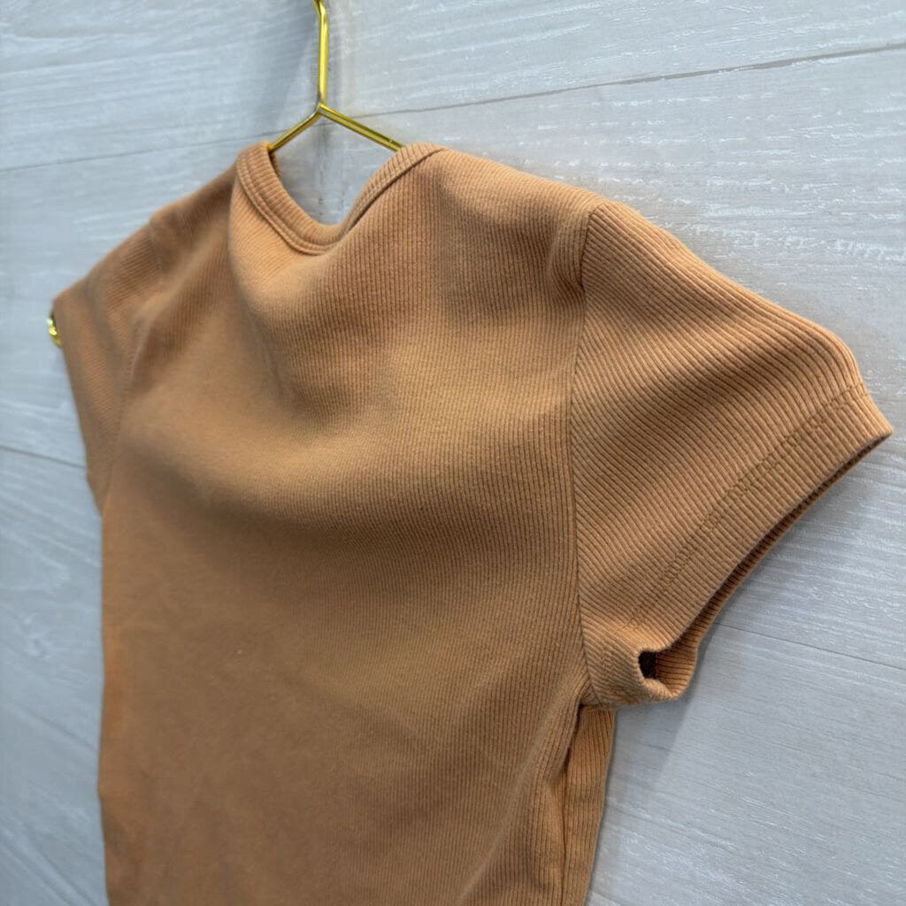 Maeve Brown Ribbed Cropped Short Sleeve Top Extra Small