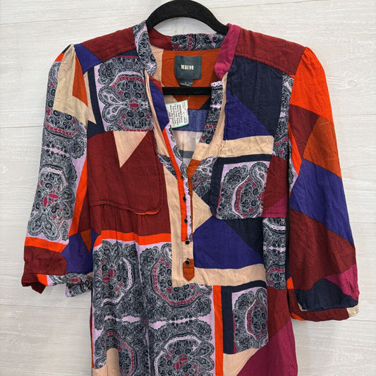 Maeve Multi Color Taryn Crepe Paisley Patchwork Long Sleeve Mini Dress 2