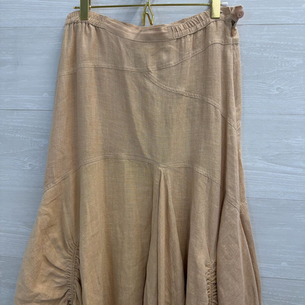 Hanna Beige Linen Scrunch Detail Midi Skirt 1