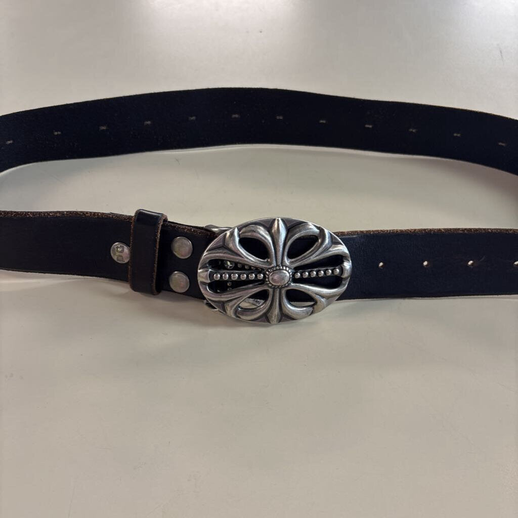 Black Leather Studded Silver Statement Buckle Belt Small